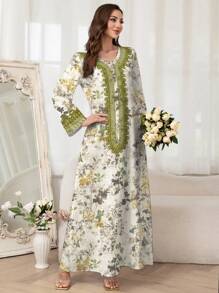 Al Najma 女式花卉印花长袖阿拉伯休闲连衣裙，朴素 - 彩色 - 查看 5