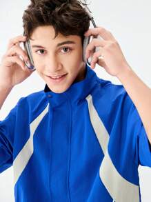 SHEIN 2 件套青少年男童街头服饰美式休闲装，包括宽松连帽夹克和休闲直筒短裤，适合嘻哈、街舞、音乐节、散步、慢跑、户外、滑板