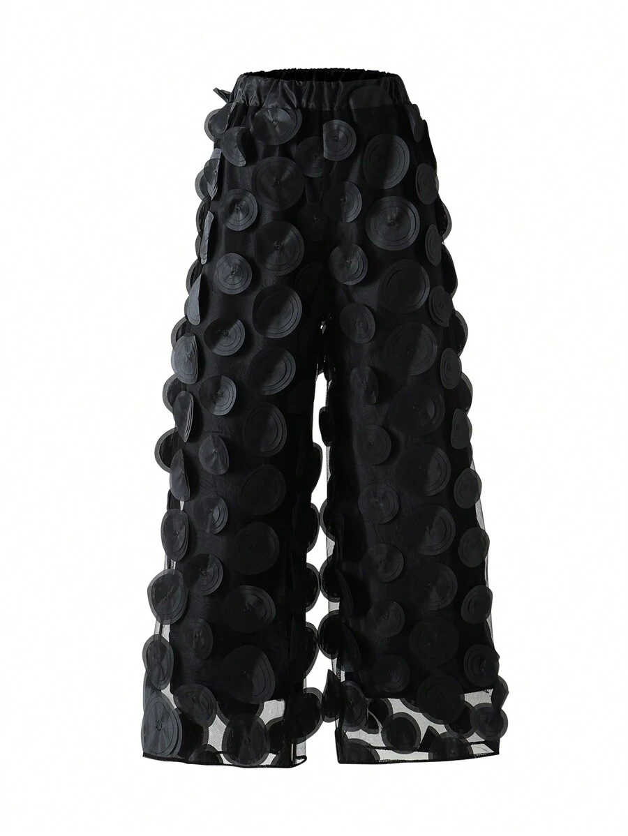 SHEIN Pantalones largos informales de niña preadolescente con jacquard, forro de malla negra, - Negro - Ver 1