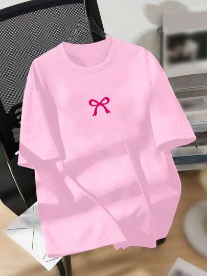 SHEIN Women Casual Pink Bow Print Round Neck Short Sleeve T-Shirt