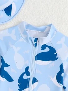 SHEIN Baby Boy Whale Print Long Sleeve Swimsuit With Sunscreen Wide Brim Swim Cap