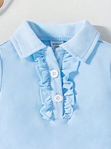 SHEIN Bébé fille Le nouveau Top à manches courtes avec revers confortable, , mignon, décontracté et facile à assortir - Bleu azur - Voir 4
