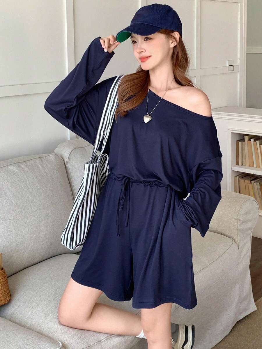 DAZY Women's Solid Color Loose Long Sleeve Off Shoulder Jumpsuit Summer Romper Lounge Sets For Women - Navy Blue - View 1