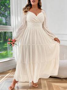 SHEIN PETITE Plus Size Women's Elegant Layered Ruffled Shoulder Short Sleeve Floral Embroidery Chiffon Dress, Suitable For Casual Gathering, Wedding, Spring/Summer