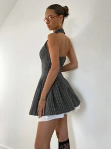 Siren Gaze Váy ngắn xếp ly chữ A cổ chữ V không tay, hở vai, trang phục đi làm thường ngày cho mùa xuân/hè - Màu xám đen - Xem 2