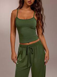 Forever 21 Bộ đồ liền thân dây mảnh màu trơn giản dị - màu xanh lá - Xem 7