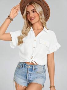 SHEIN LUNE Koszula damska w stylu country cowgirl western z falbankami i kieszeniami - Biały - Zobacz 1