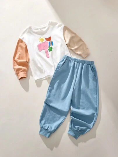 THE HAPPY LOOK Young Boys Animal Print Round Neck Pullover Contrasting Sleeve T-Shirt And Blue Elastic Waist Jogger Pants 2 Pieces Set