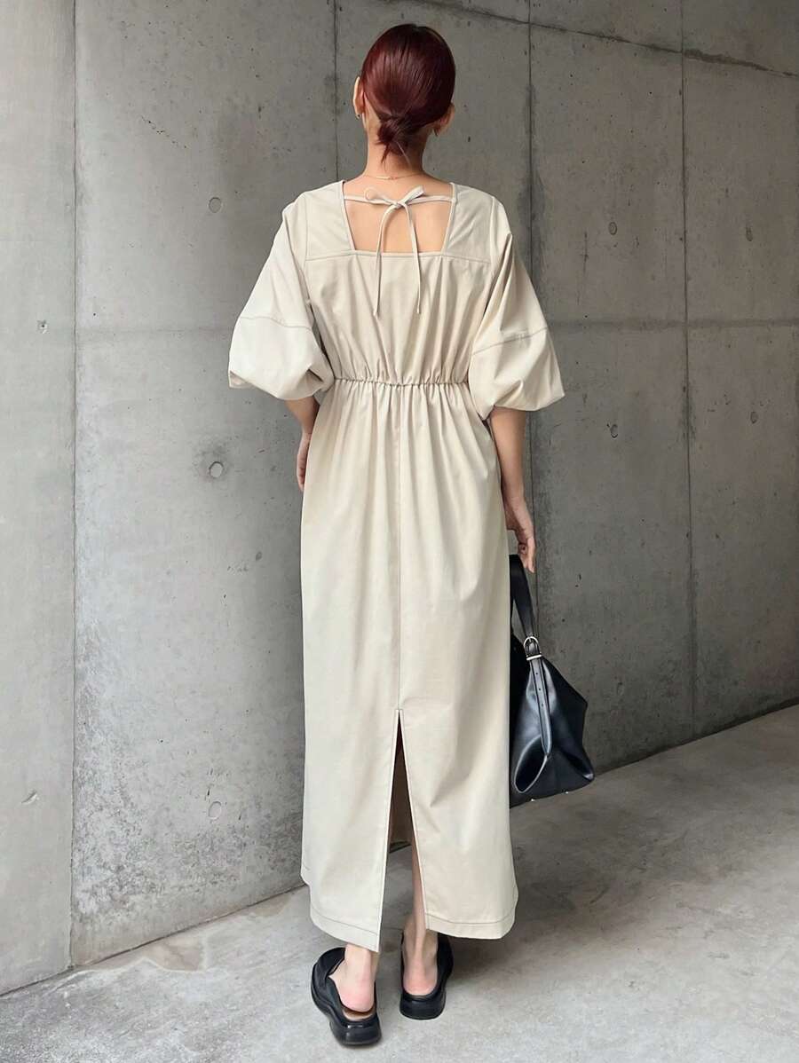 FRIFUL 女士杏色长灯笼袖连衣裙，通勤商务休闲办公室装，春季太阳裙 - 杏色 - 查看 1