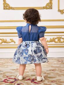 SHEIN 2pcs Baby Girl Cute Blue Floral Print Skirt & Short Sleeve Shirt Set, Summer - Blue - View 2