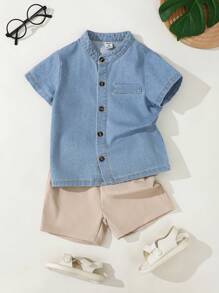 Souflis Souflis 2 Stücke Set Lässiges reines Jeans Hemd und Sport Shorts Outfit, geeignet für Outdoor-Aktivitäten - Blau - Übersicht 1
