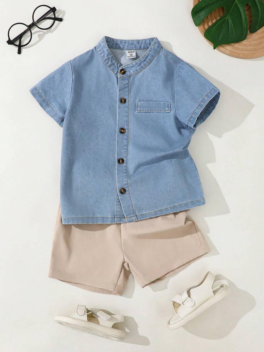 Souflis Souflis 2 Stücke Set Lässiges reines Jeans Hemd und Sport Shorts Outfit, geeignet für Outdoor-Aktivitäten - Blau - Übersicht 1