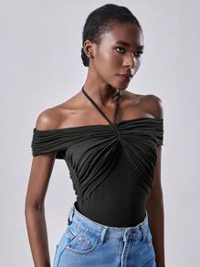 Chiquease Top cu mânecă scurtă cu volanat, cu umăr dezactivat, tricou confortabil, slim, cu design sexy