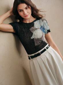 Anewsta SHEIN X Hannahelzahed 弹力褶皱纹理透视圆领短袖上衣T恤，优雅春夏女装 - 黑色 - 查看 3