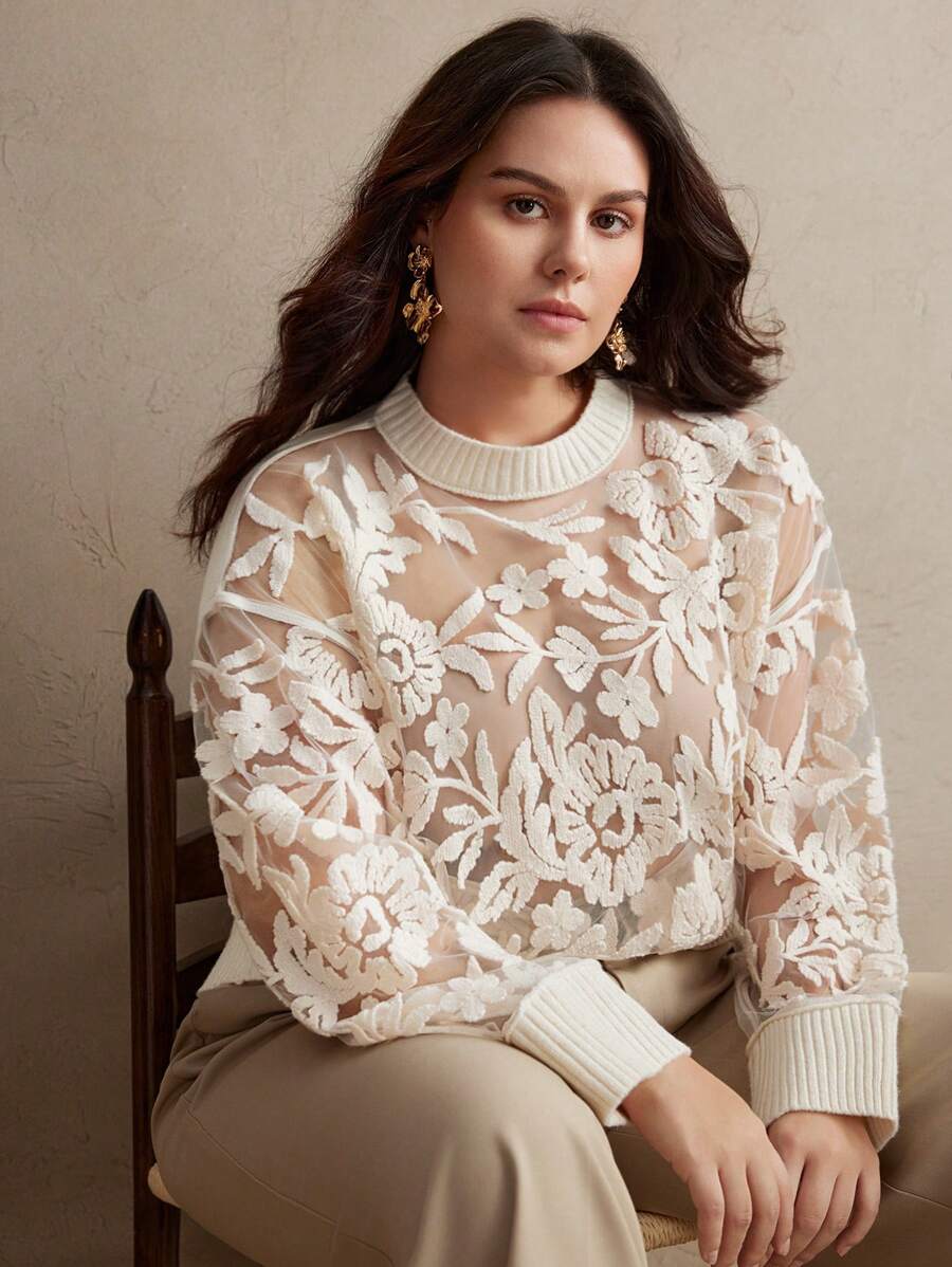 Anewsta Plus Size Embroidered Sheer Mesh Panel Sexy Sweater Knit Pullover Fall Winter Autumn - White - View 1