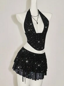SHEIN ICON Women's Y2k Going Out Two Pieces Summer Sets Rave Festival Sequin Halter Neck Cropped Top And Low-Waisted Mini Skirt Set - Black - View 10