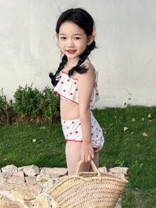 DAZY Young Girl Heart Print Vacation Beach Swimwear Set - White - View 7