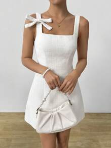 Chiquease Women's Boat Neck Waisted A-Line Linen Bow Slip Dress, Spring/Summer - Beige - View 6