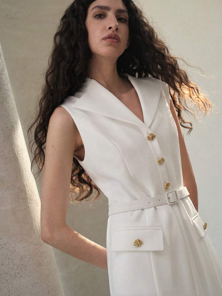 BUTTON DECOR BIAS CUT SLEEVELESS DRESS, WORK OUTFIT, BELTED DRESS, WHITE DRESS,SPRING/SUMMER