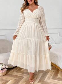 SHEIN PETITE Plus Size Women's Elegant Layered Ruffled Shoulder Short Sleeve Floral Embroidery Chiffon Dress, Suitable For Casual Gathering, Wedding, Spring/Summer