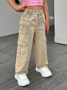 Denimly Young Girls Casual Daily Urban Street Elastic Waist Button Front Multi-Pocket Cargo Khaki Straight Leg Jeans