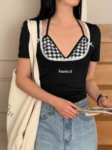DAZY Camiseta informal de verano estampada a cuadros 2 en 1 para mujer - Negro - Ver 1