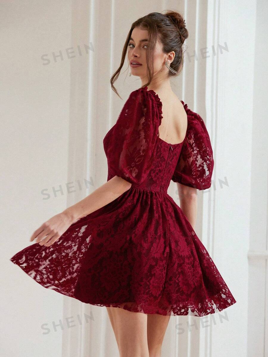 Aveloria Rosie Vestido corto de línea A con mangas de linterna y cintura ceñida, de estilo francés elegante con encaje, para mujeres
