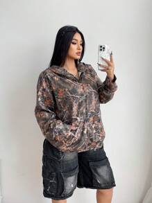 POPSWAY Áo khoác nỉ dài tay có mũ trùm đầu in họa tiết rằn ri thực vật cỡ lớn dành cho nữ, áo chui đầu mùa thu - Màu Khaki - Xem 6