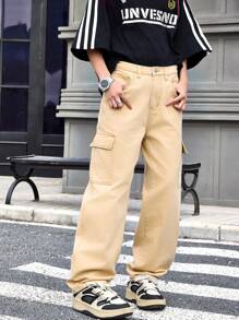 SHEIN 青少年男孩休闲时尚黑色舒适宽松简约基本款工装牛仔裤，适合夏季度假和日常穿着 - 卡其色 - 查看 3