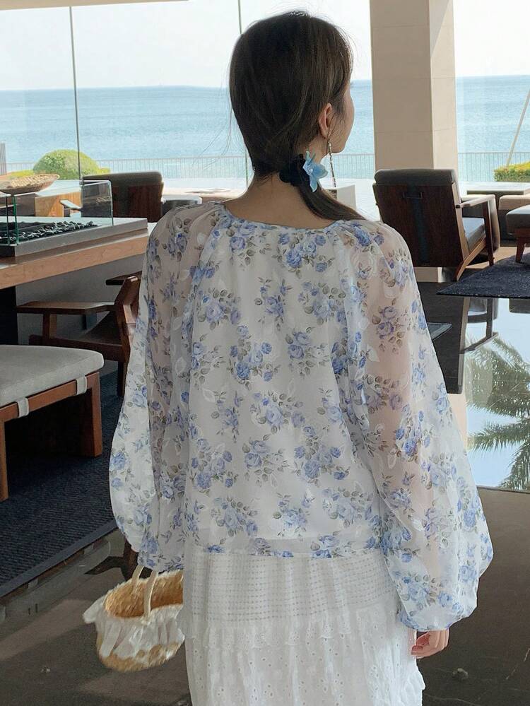 Elegant Vacation Blouse, Spring/Summer, Lantern Sleeve, Floral Printed, Lace-Up Women Shirt Long Sleeve Top Boho