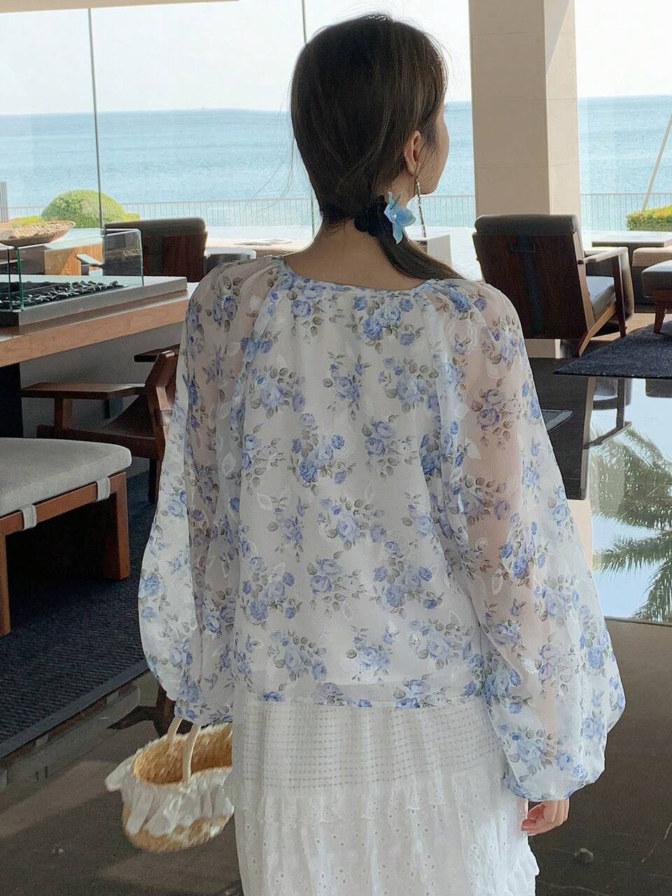 Elegant Vacation Blouse, Spring/Summer, Lantern Sleeve, Floral Printed, Lace-Up Women Shirt Long Sleeve Top Boho