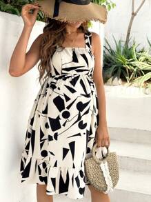 SHEIN 孕妇无袖花卉印花休闲短款连衣裙 - 米色 - 查看 4