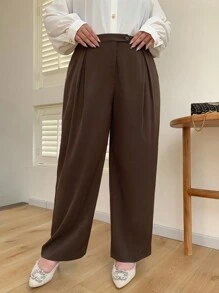 Dazy Plus Quần dài rộng rãi màu trơn cỡ lớn cho nữ, quần công sở thoải mái cho mọi mùa, quần váy nữ thu - màu nâu - Xem 7