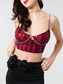 SHEIN Unity Valentine Sequin Wired Cup Cami Cropped Corset Top With Rhinestone Trim Detail - Burgundy - View 6