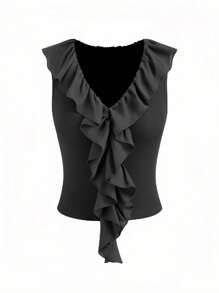 Chiquease 法式优雅浪漫荷叶边 V 领短款女士背心，夏季新品