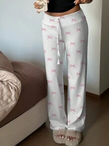 SHEIN EZwear Cute Bow Tied Low Waist Drawstring Yoga Palazzo Pants For Home Wear Suitable For Going Out Fall Clothes Winter Clothes - White - View 4