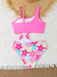 Tween Girl 纯色拼接蝴蝶结装饰可调节肩带连体泳衣，适合度假、海滩、游泳