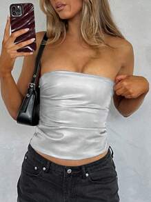 SHEIN Essnce Women's Solid Leather Tops Fashionable Pleated Asymmetric Hem Bandeau Tops For Going Out And Party Tops, Music Festival/Concert Outfits For Women - Silver - View 1