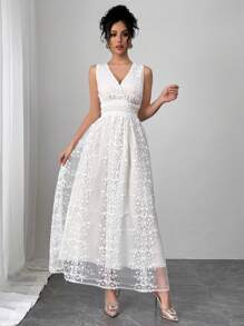 Rafferiza 优雅女士蕾丝花朵无袖拼布荷叶边下摆中长连衣裙