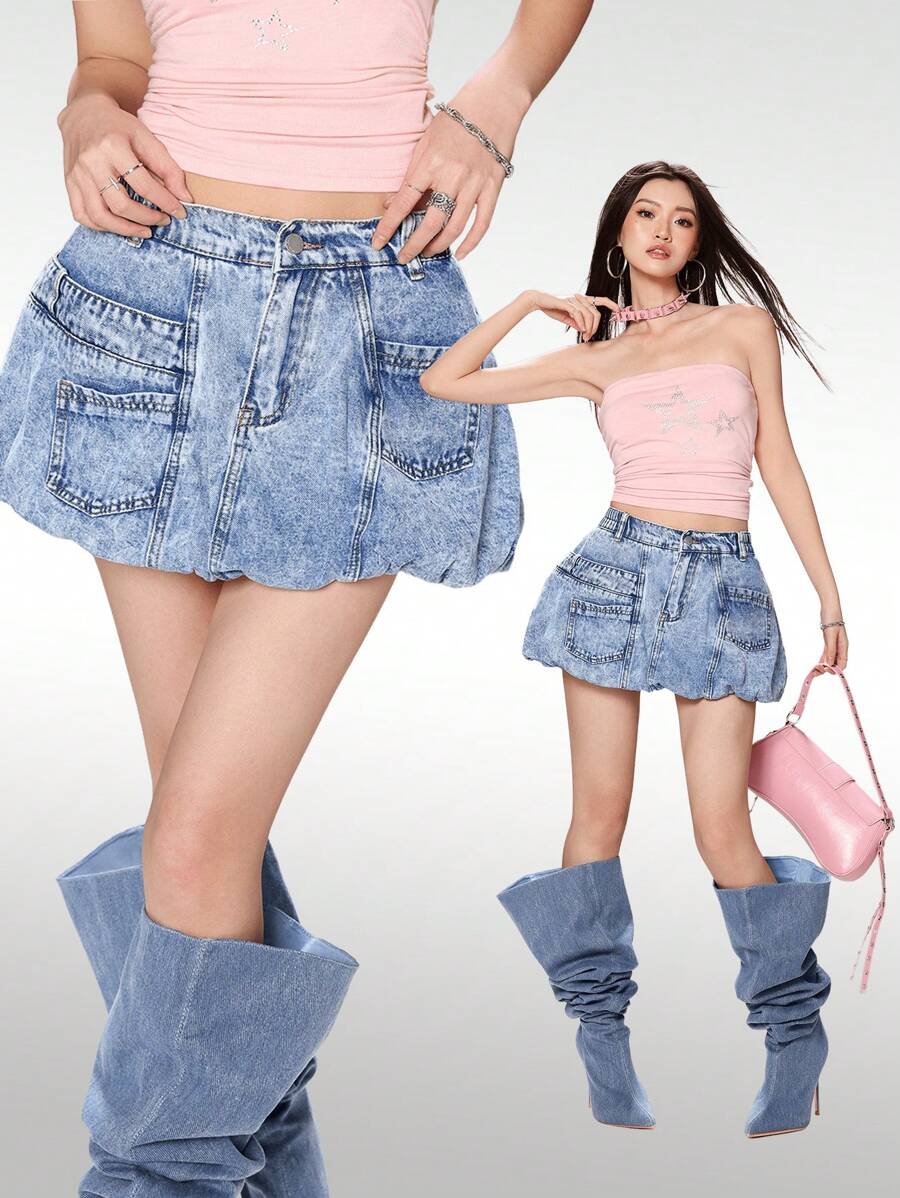 SHEIN EZwear 1 件女式牛仔迷你裙，休闲修身荷叶边下摆裙，蓝色 - 藍色 - 查看 1