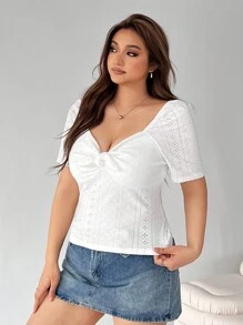 SHEIN EZwear 大码纯色心形领短袖结饰设计休闲上衣，日常穿着 - 白色 - 查看 4