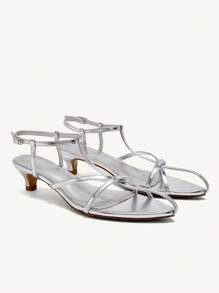 CUCCOO CHICEST 女士时尚尖头银色露趾细高跟罗马凉鞋，性感女神款系带凉鞋，女士中跟凉鞋 - 銀色 - 查看 2