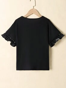 SHEIN Tween Girl Drop Shoulder Splice Floral Ruffle Graphic Short Sleeve Casual T-Shirt - Black - View 2