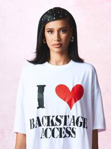 SUMWON WOMEN Backstage Access Herz-Muster Oversized T-Shirt Konzert Festival Musik Fan Grafik Tee VIP Party Statement Top Konzert Tour Merchandise - Weiss - Übersicht 4