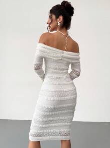 Firerie 女士优雅简约浪漫精致魅力时尚 Ins 风格露肩蕾丝纹理面料长袖紧身白色鸡尾酒礼服适合情人节、约会、日常、派对、秋冬/春季