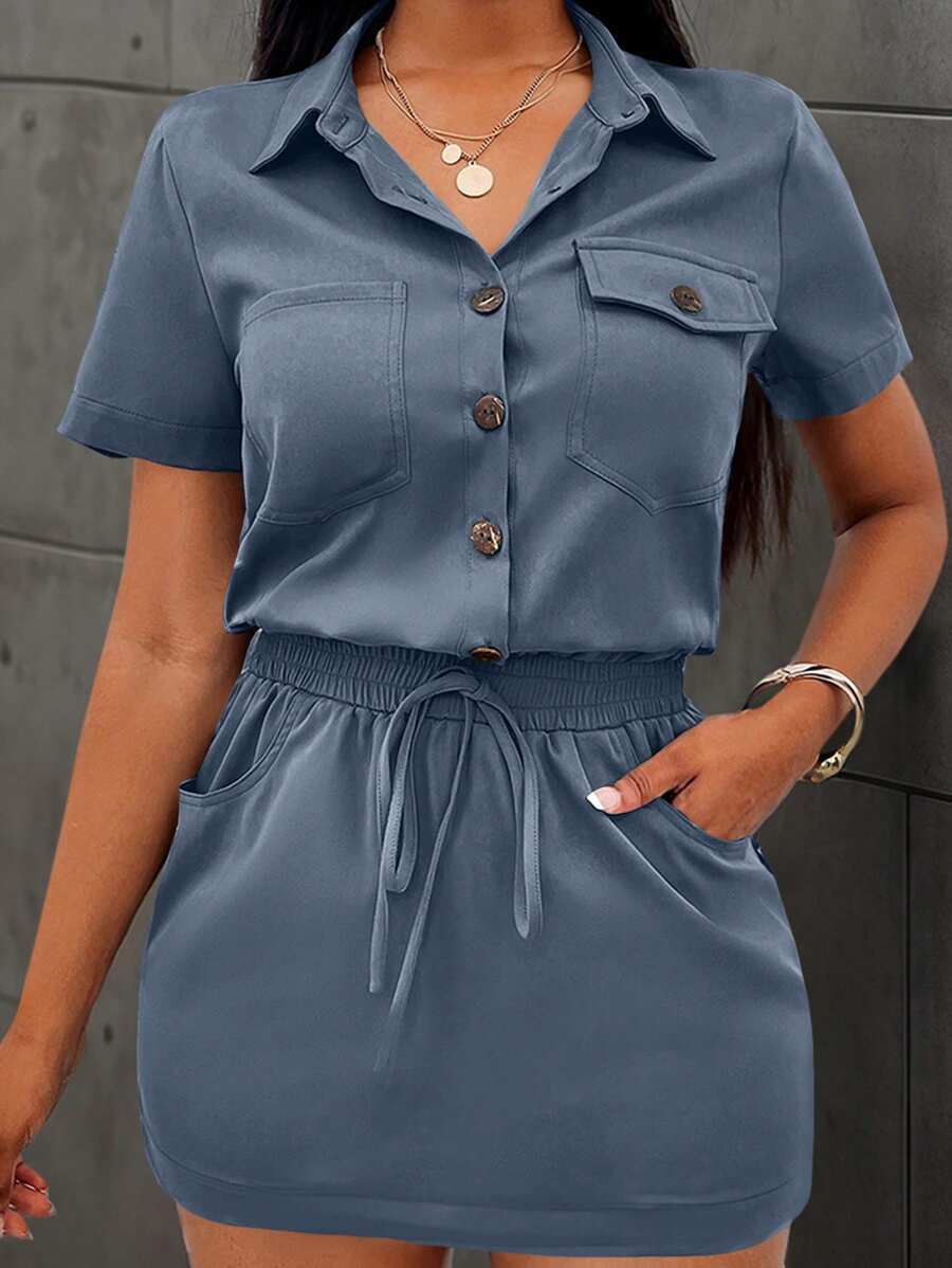 SHEIN LUNE Women's Summer Cargo Green Utility Pockets Shirt Dress, Short Bodycon - Blue - View 1
