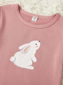 Bộ 3 món/Bộ áo thun tay ngắn in hình thỏ dễ thương cho bé gái, quần và quần short, bộ đồ ngủ thường ngày thoải mái - Hồng - Xem 6