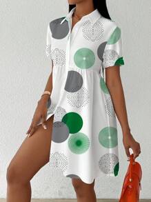 VaVaBold Button-Front Short Sleeve All-Over Print Casual Short Dress Women Shirt - Green - View 3