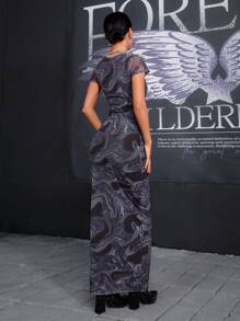 RueChic SHORT SLEEVE PRINTED TULLE LONG DRESS - Multicolor - View 2