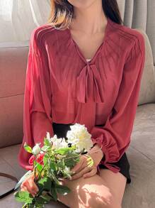DAZY 优雅通勤夏季上衣，纯色宽松系带长袖女式衬衫学院风上衣 - 紅色 - 查看 5